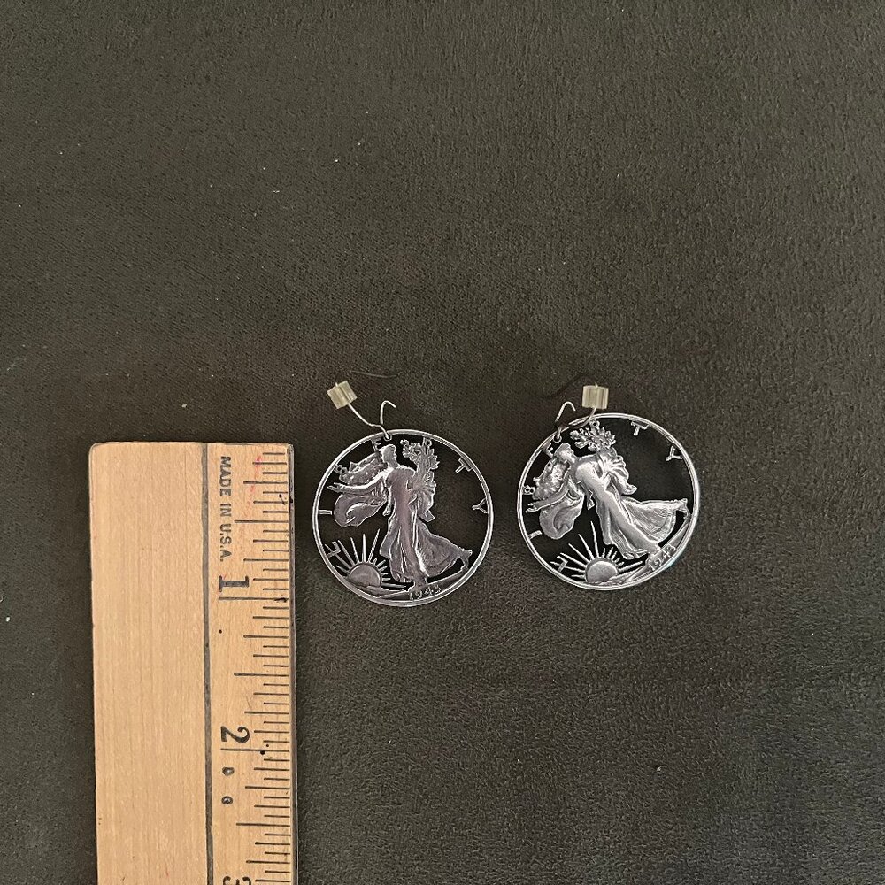 Walking Liberty Silver Coin Cutout Earrings 1943 - Picture 4 of 7